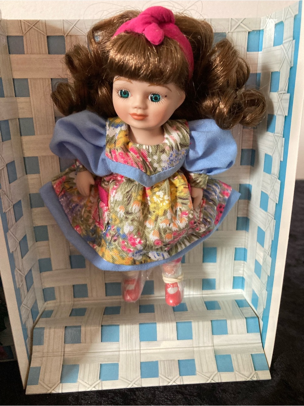Marie Osmond Classic Floral Dress Porcelain Doll Mini in Blue and Pink